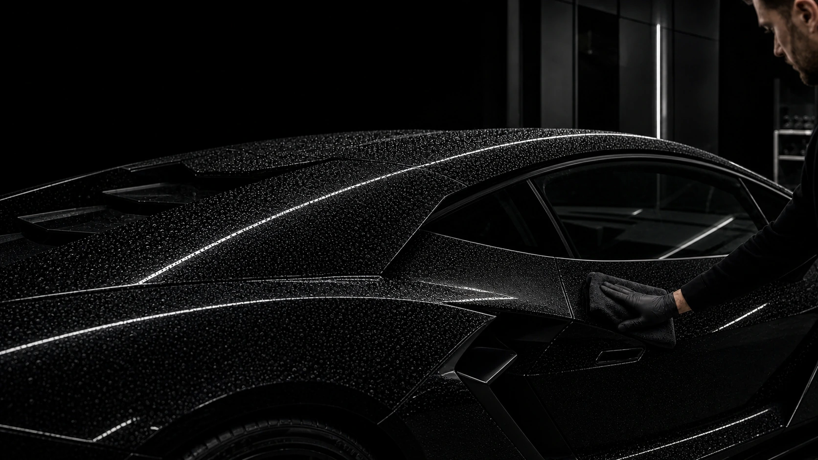 Water beading on a ceramic-coated black exotic supercar